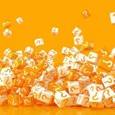 Many crumbling cubes with question marks on the sides 3d illustration